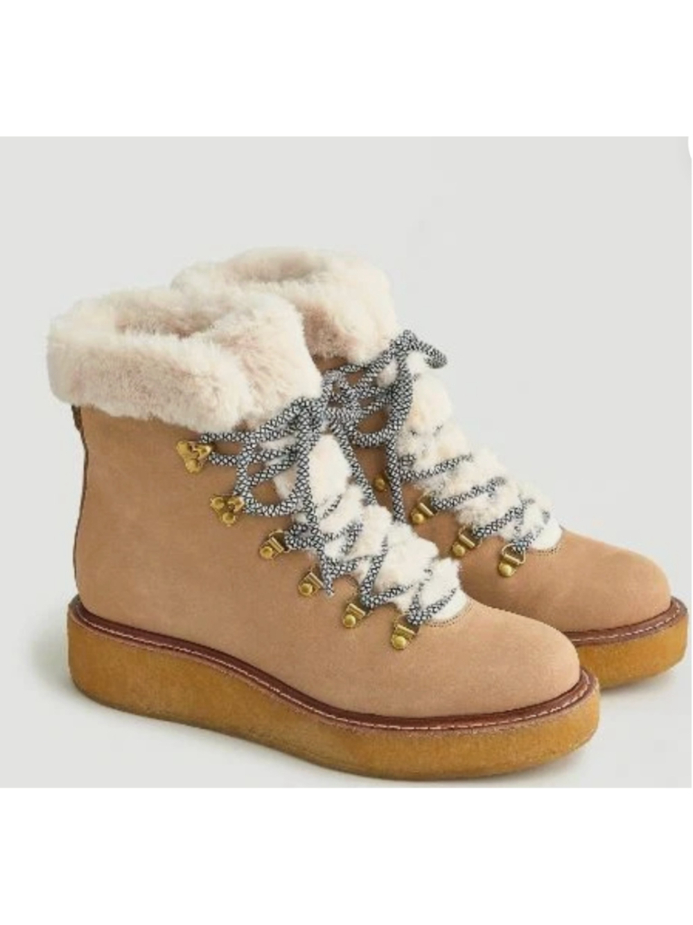 J.Crew Wedged Ankle Boots Nubuck Crepe Size 9.5 Round Toe Faux Fur Lace-Up